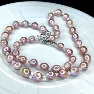 Handmade Freshwater Lavender Pink Metallic Edison Pearl Necklace Bracelet SET